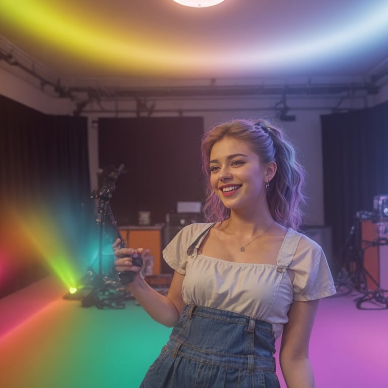 une femme se tient dans une pièce avec des lumières colorées et sourit