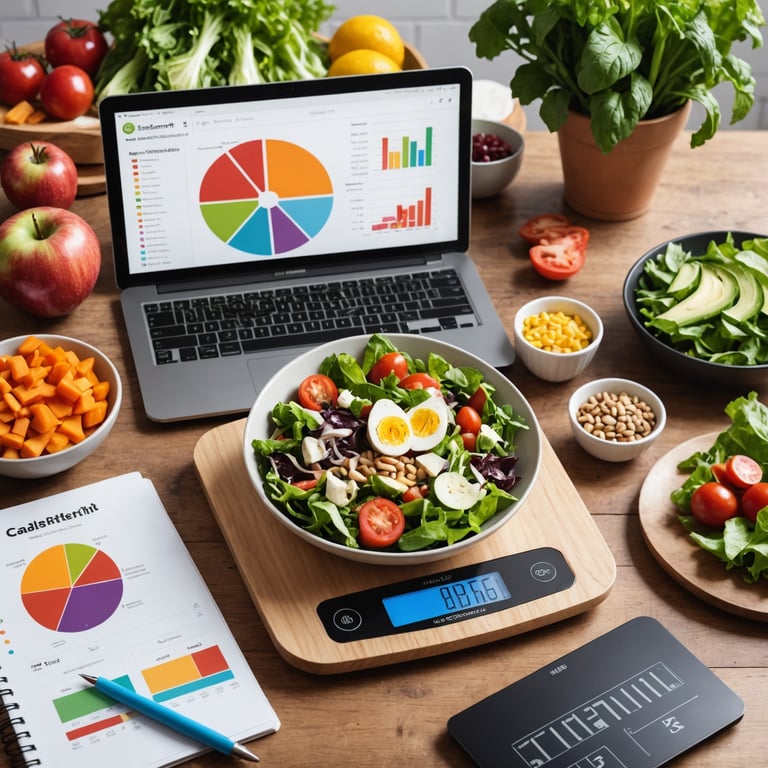 un bol de salade sur une balance avec un ordinateur portable à l' arrière