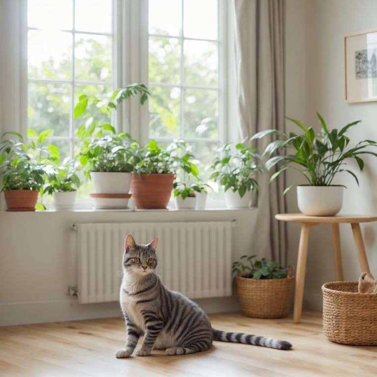 un chat est assis devant une fenêtre entourée de pots de plantes