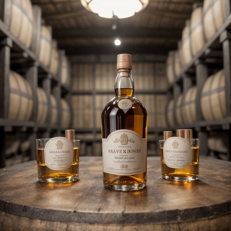 Bouteille de whisky avec deux verres sur un tonneau dans une cave de vieillissement.
