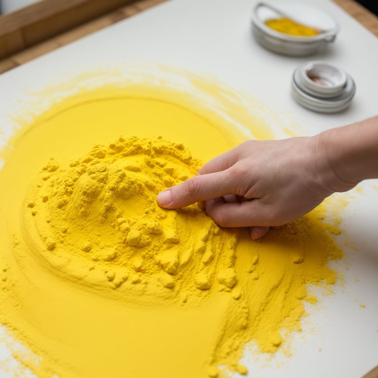 une personne touche un tas de poudre jaune sur une table