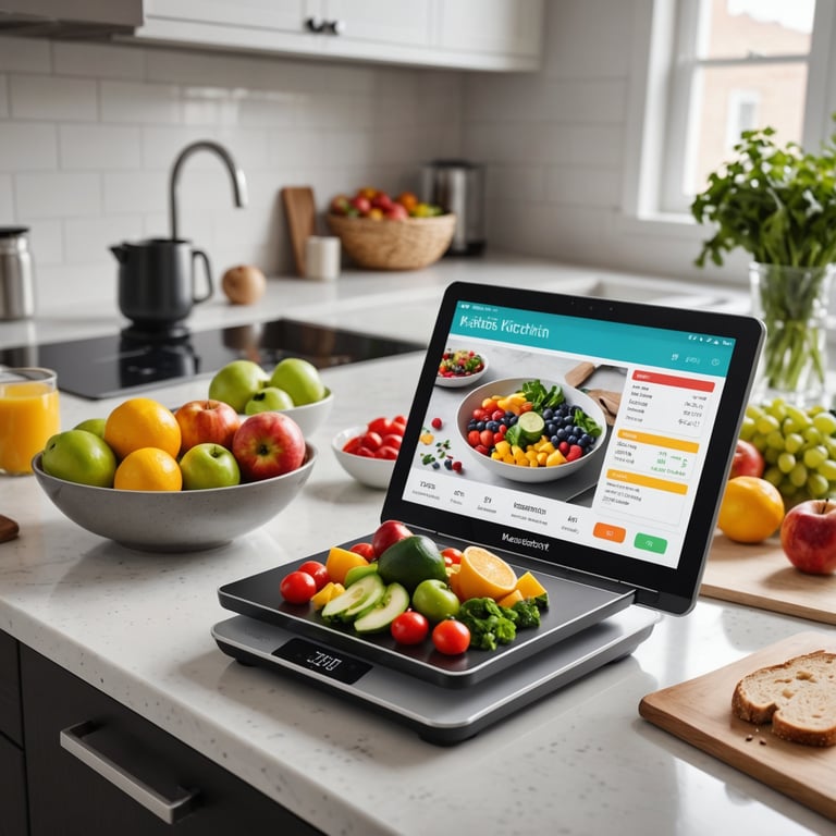 une cuisine avec des fruits et légumes et un ordinateur portable