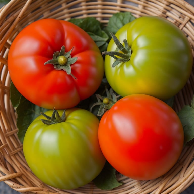un panier en osier rempli de tomates rouges et vertes