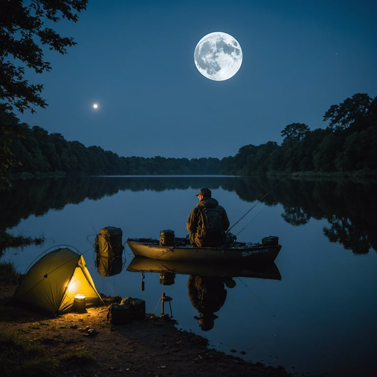 un homme est assis dans un bateau sur un lac avec une pleine lune en arrière-plan