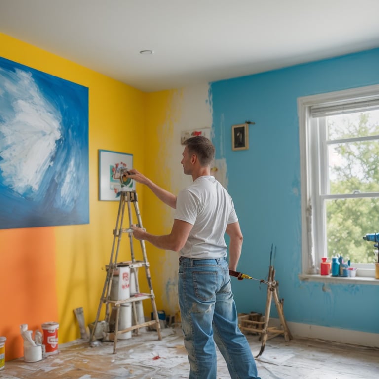 un homme peinture les murs d' une pièce bleue et jaune