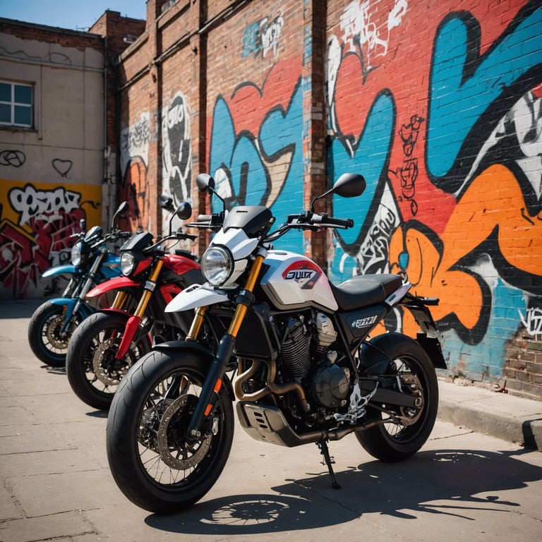 quatre motos sont garées l' une à côté de l' autre devant un mur de graffitis