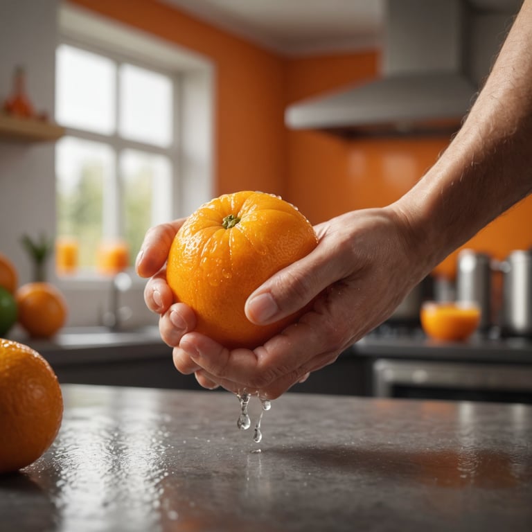 une personne presse une orange sur une table de cuisine