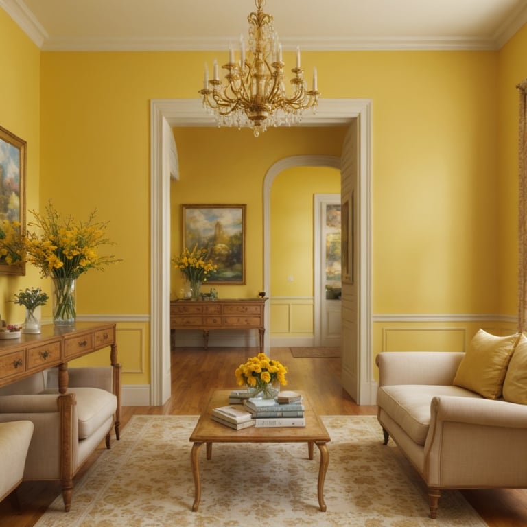 un salon avec des murs jaunes et des meubles blancs