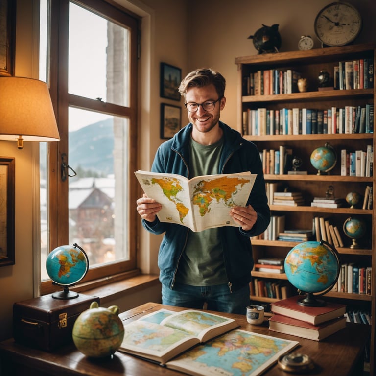 un homme regarde une carte du monde dans une bibliothèque