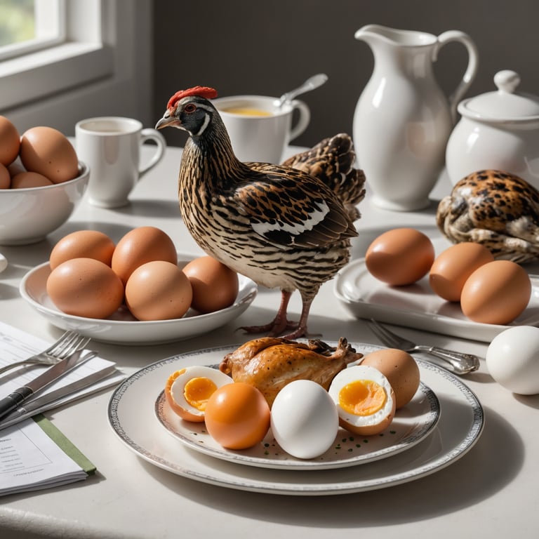 une poule se tient sur une assiette d' oeufs