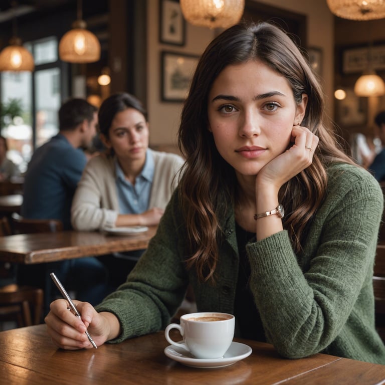 une femme est assise à une table avec une tasse de café et un stylo