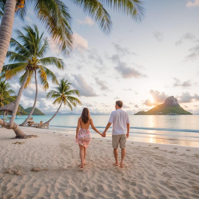 un homme et une femme se tiennent la main sur une plage tropicale