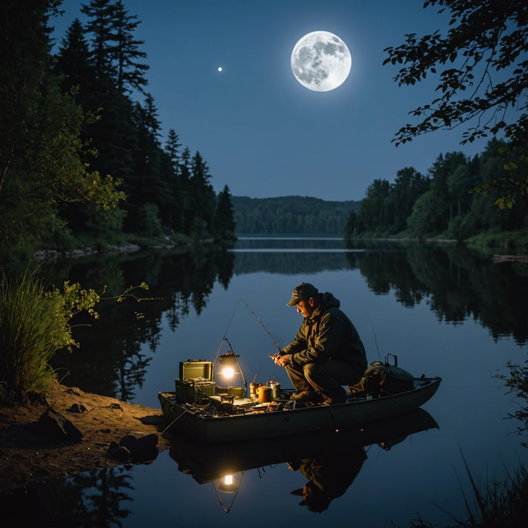 un homme pêche sur un lac la nuit avec une pleine lune en arrière-plan