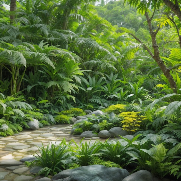 un chemin de pierre traverse une forêt tropicale luxuriante