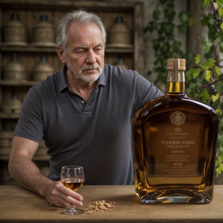 Homme mûr contemplant un verre de whisky avec une grande bouteille et des grains sur la table.