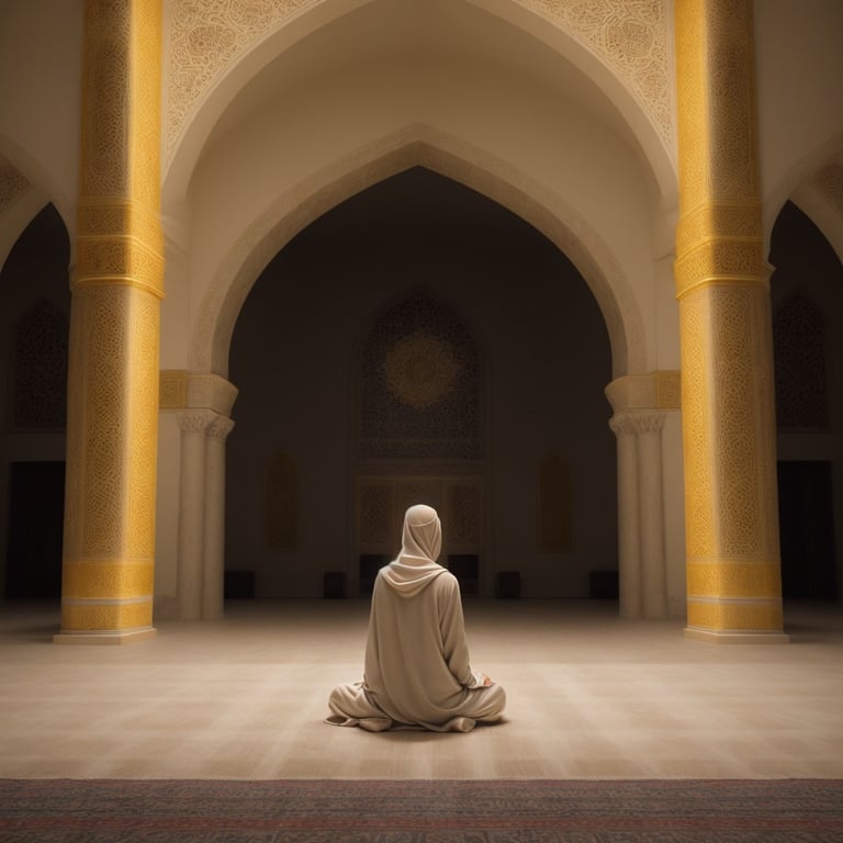 une femme est assise sur le sol d' une mosquée avec des colonnes dorées