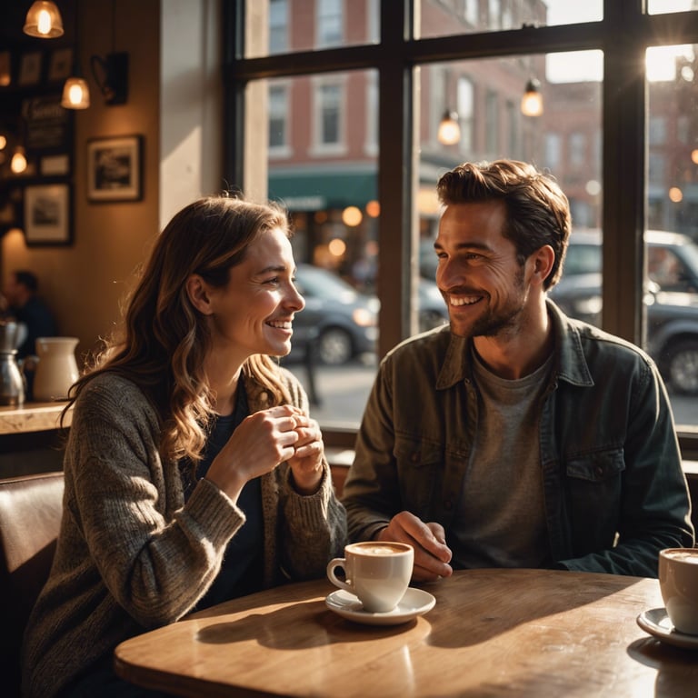un homme et une femme sont assis à une table avec des tasses de café