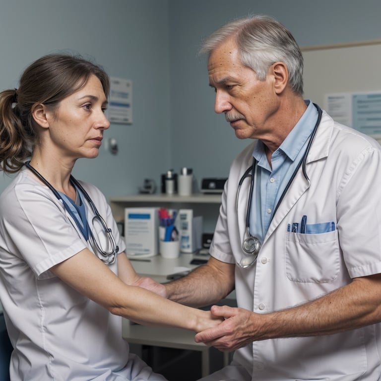 un médecin examinant le poignet d' une infirmière