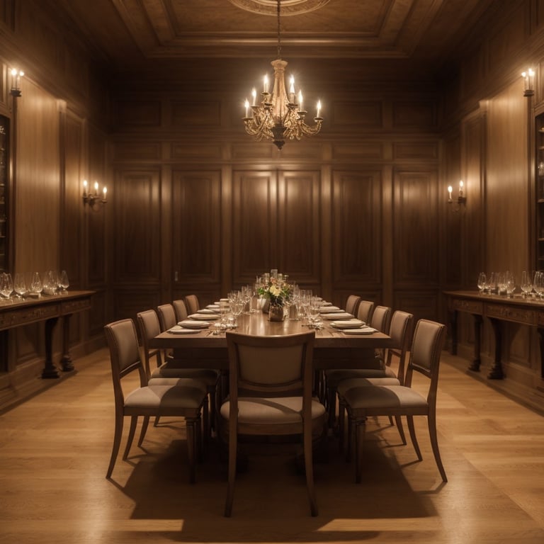Salle à manger élégante avec grande table en bois, chaises rembourrées, et lustre classique.