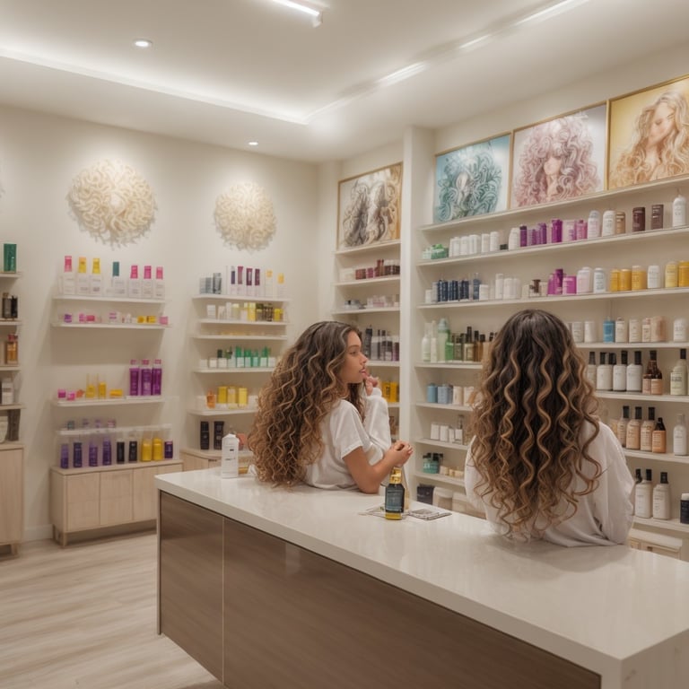 deux femmes sont assises à un comptoir dans un salon de beauté