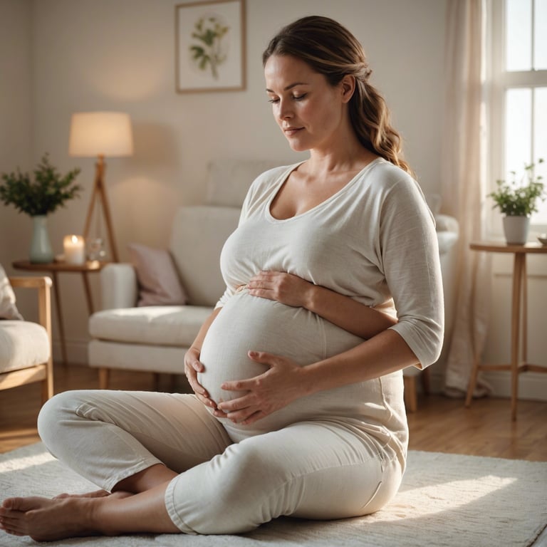 une femme enceinte est assise sur le sol et tient son ventre