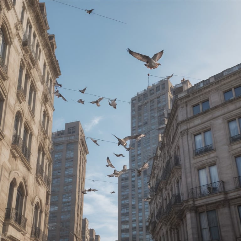 un troupeau d' oiseaux volant au-dessus d' une ville