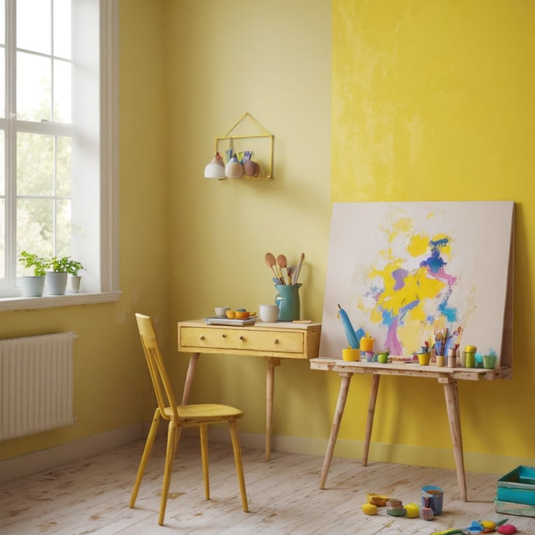 une peinture est accrochée à un chevalet dans une pièce jaune