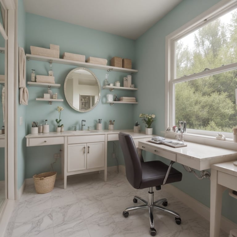 une salle de bain avec un bureau et un miroir