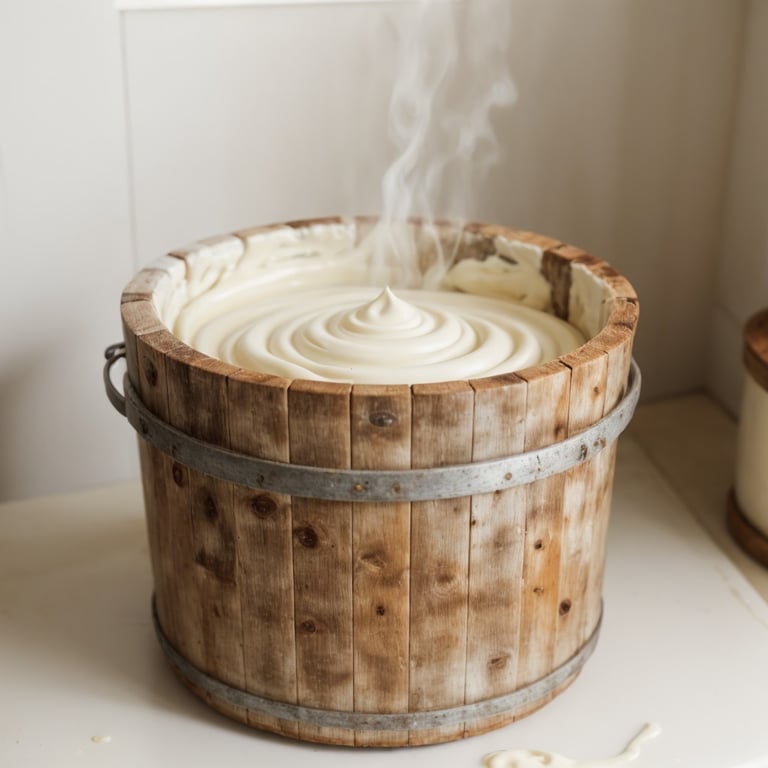 un seau en bois rempli de crème glacée et de vapeur