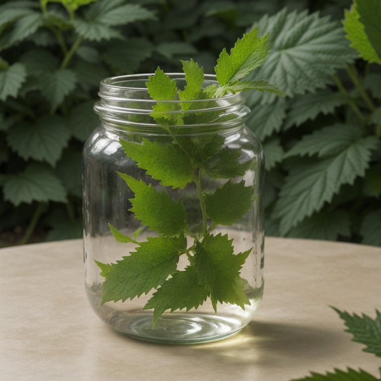 un bocal en verre rempli d' eau et de feuilles vertes