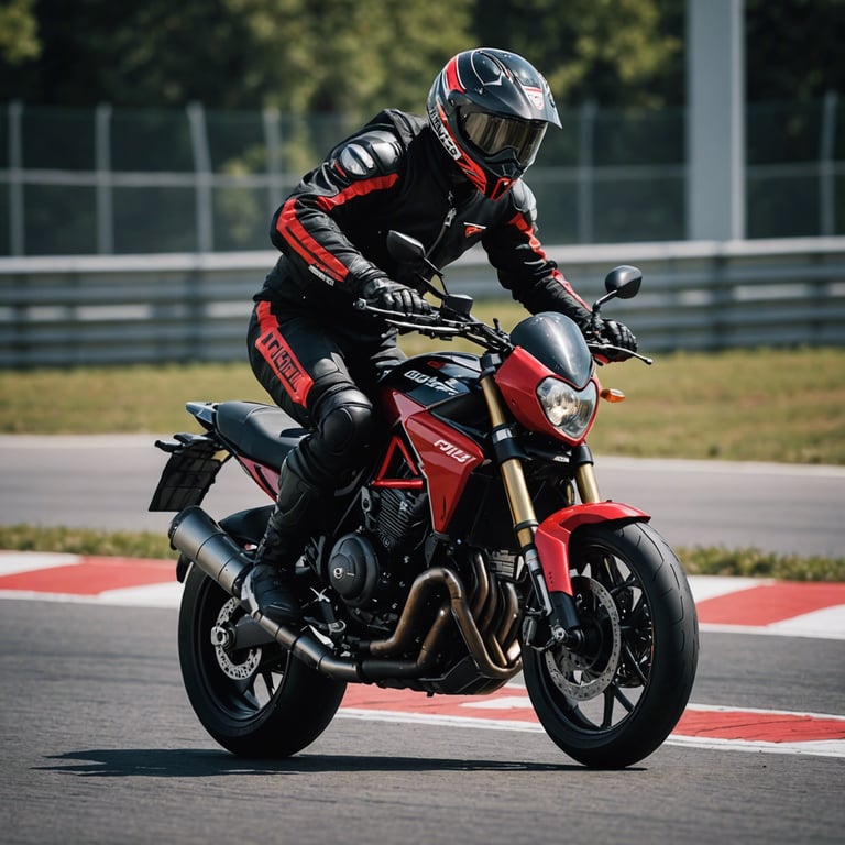 un homme monte une moto rouge et noire sur une piste de course