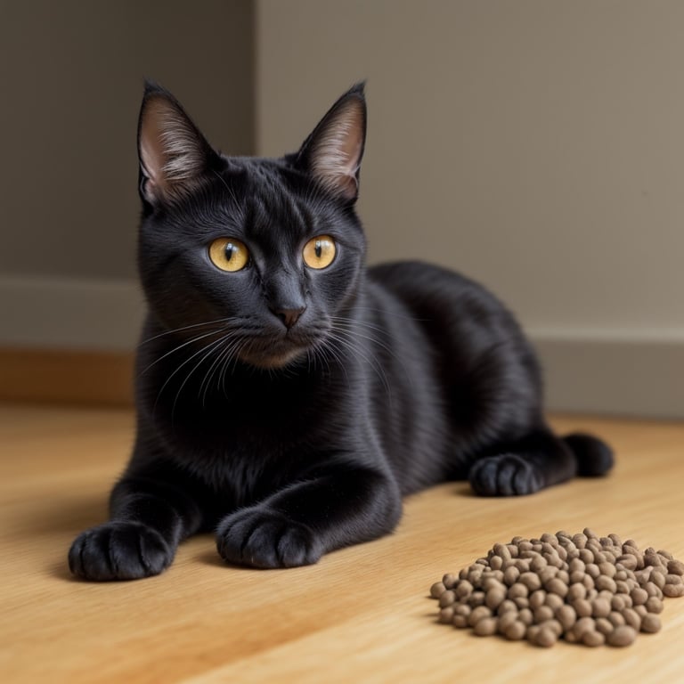 un chat noir allongé sur le sol à côté d' un tas de nourriture pour chats