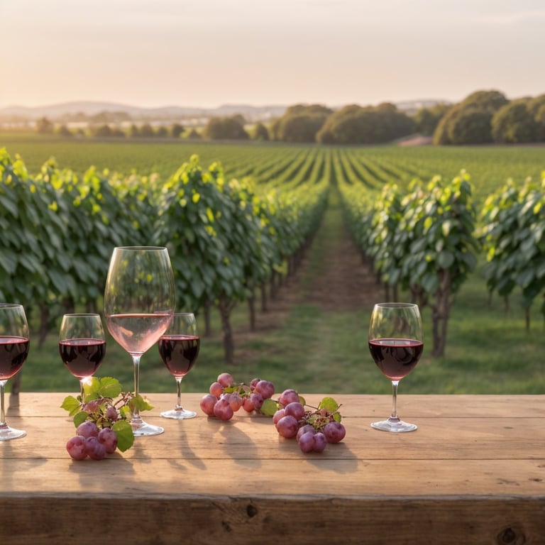 une table en bois avec des verres de vin et des raisins avec un vignoble en arrière-plan