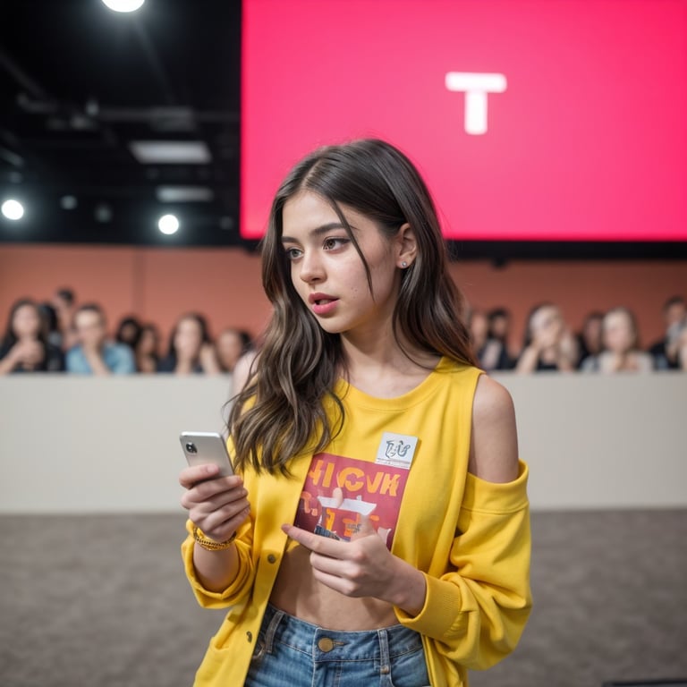 une jeune femme tient un téléphone portable à côté d' un t-shirt jaune avec l' icjk