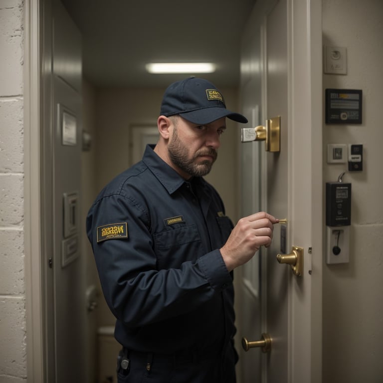un homme portant une chemise bleue et un chapeau de sécurité ouvre une porte
