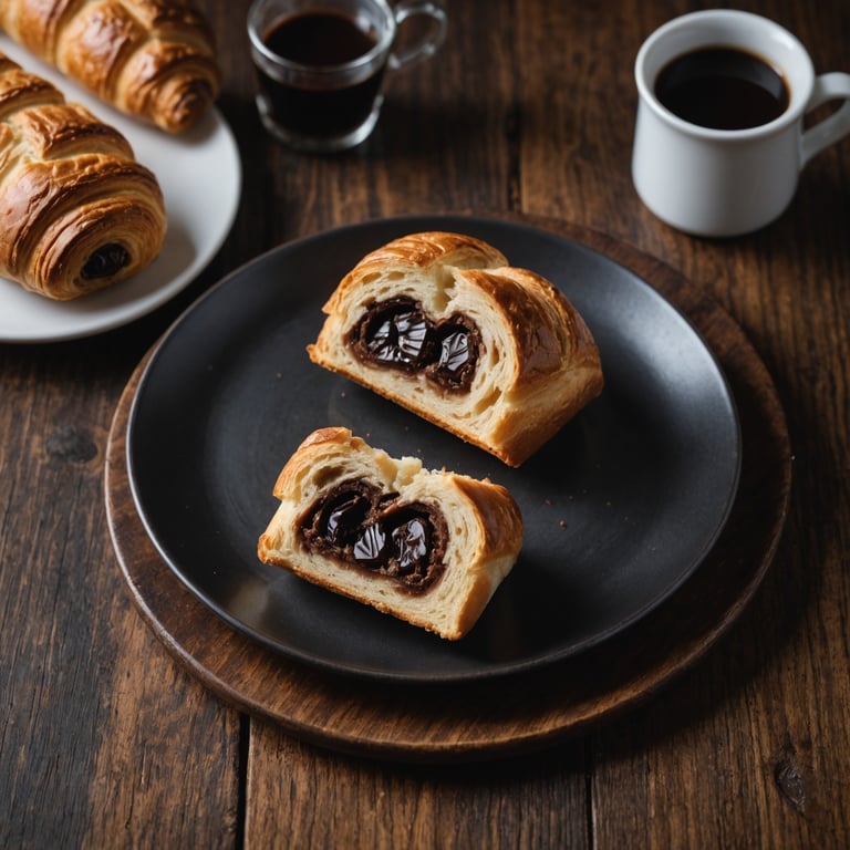 une assiette noire avec deux croissants et une tasse de café