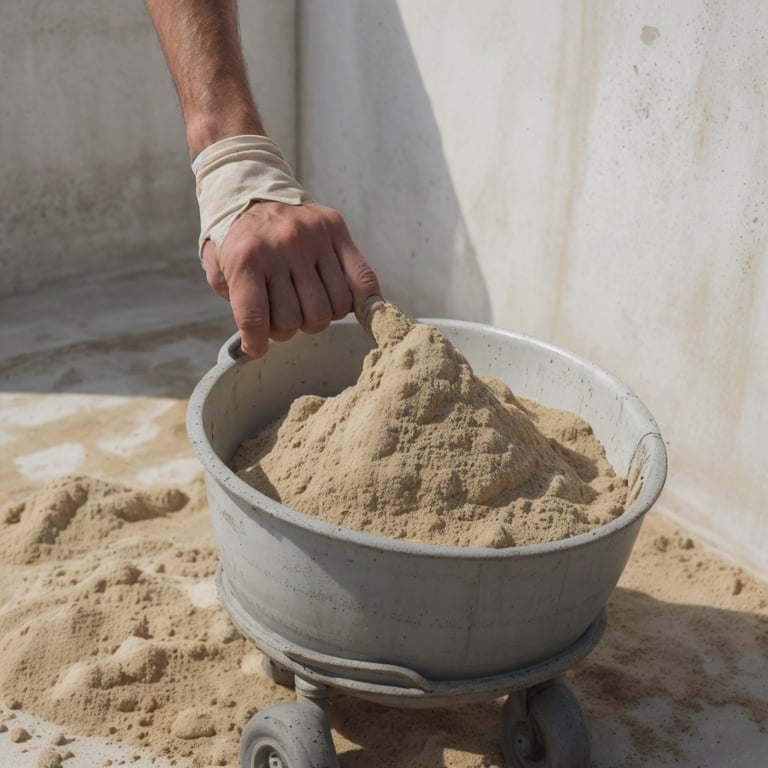 une personne remplit un bol de sable avec une pelle