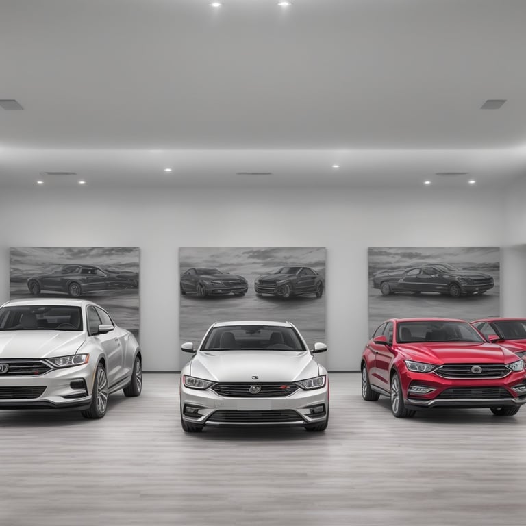 trois voitures sont garées dans un salon avec des peintures de voitures accrochées au mur