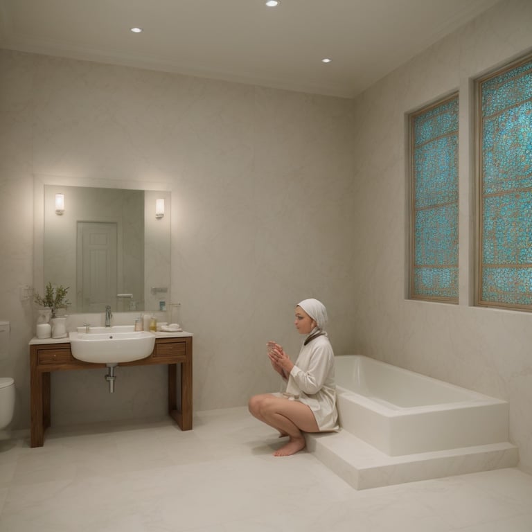 une femme se tient à côté d' une baignoire dans une salle de bain