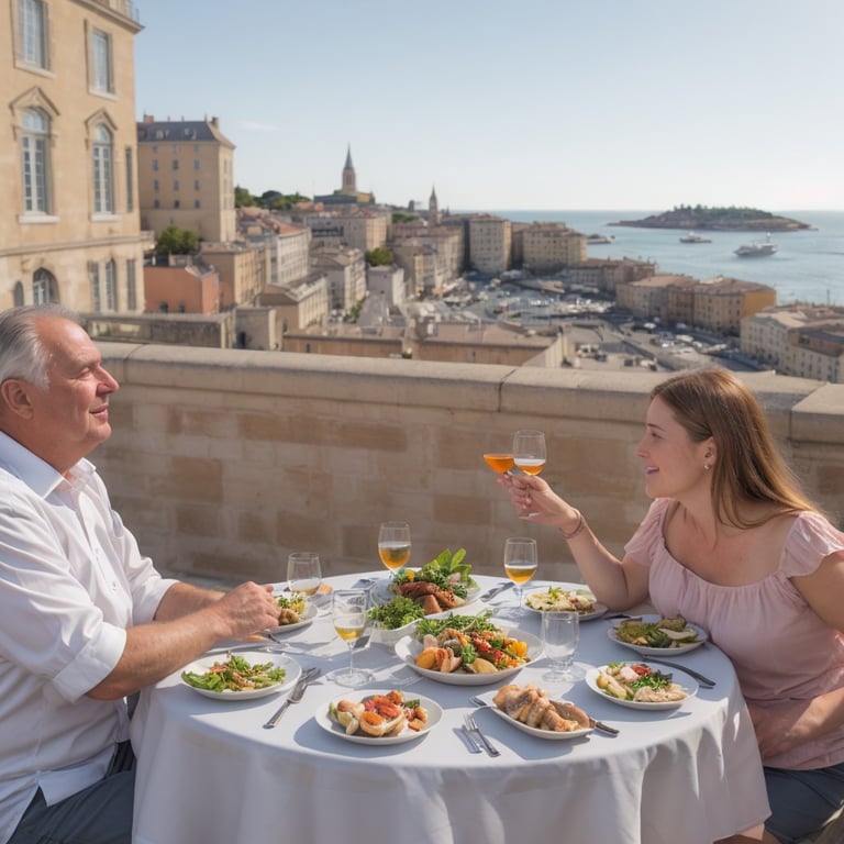 un homme et une femme sont assis à une table avec des assiettes de nourriture et des verres de vin