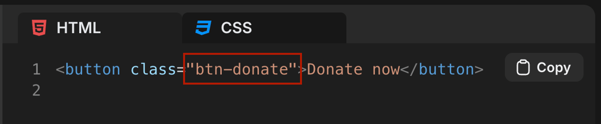 Screenshot of the HTML code section of the Uiverse element with the element's 'btn-donate' HTML class highlighted.