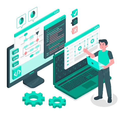An illustration of a tiny figure in front of a laptop and a PC representing web development.