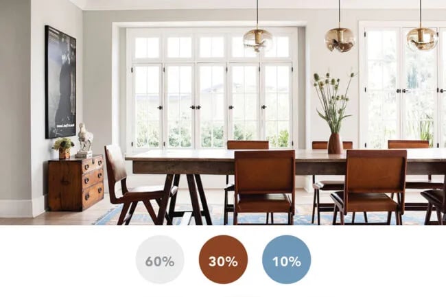 A photo of a kitchen under which there are three colorful circles with percantages inside of them, signifying the amount of these colors in the photo. White - 60%, brown 30% and soft blue - 10%.