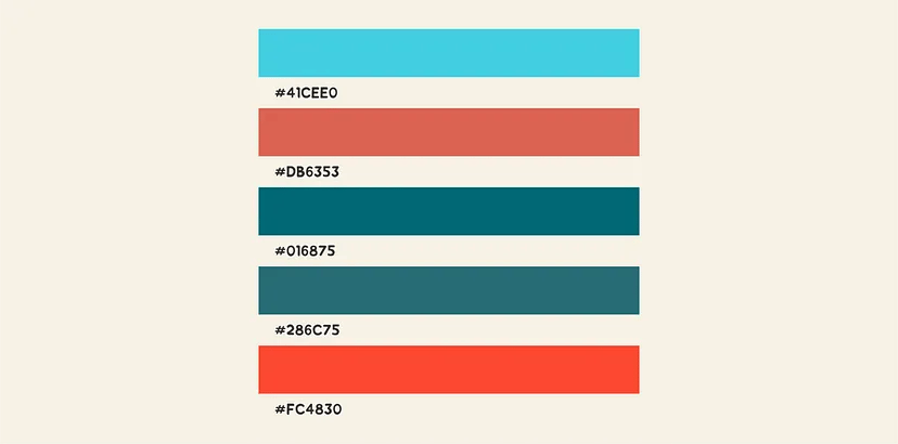 A color palette of tuquoise blue (#41CEE0), brick red (#DB6353), shade of teal blue (#016b75), another teal blue (#286C75) and bright orange-red (#FC483) 