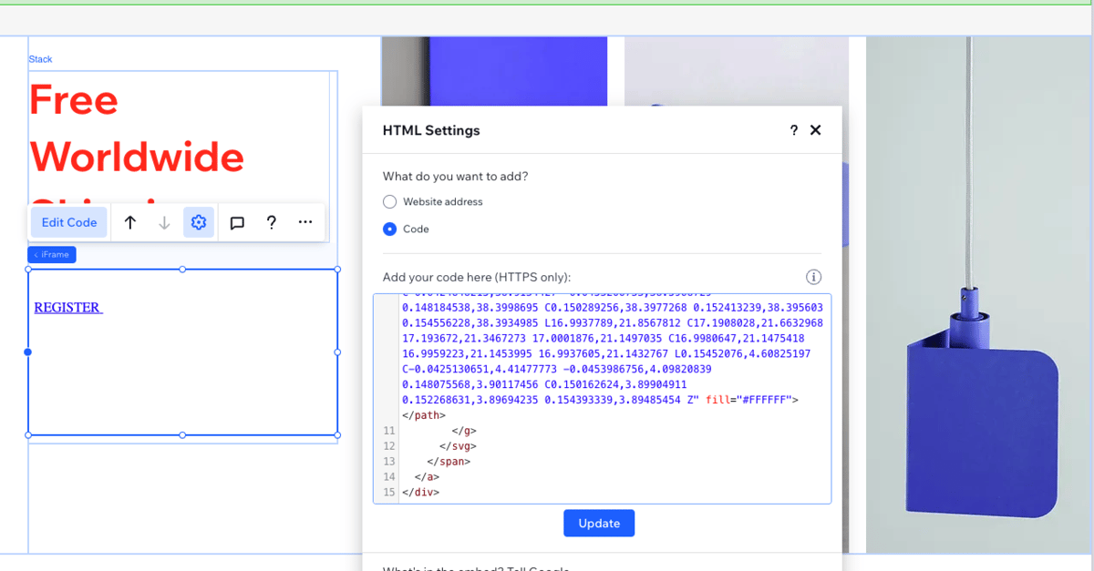 Screenshot of a WixStudio interface with a 'HTML Settings' tab open, selecting 'Code' as the option of 'What do you want to add?'.