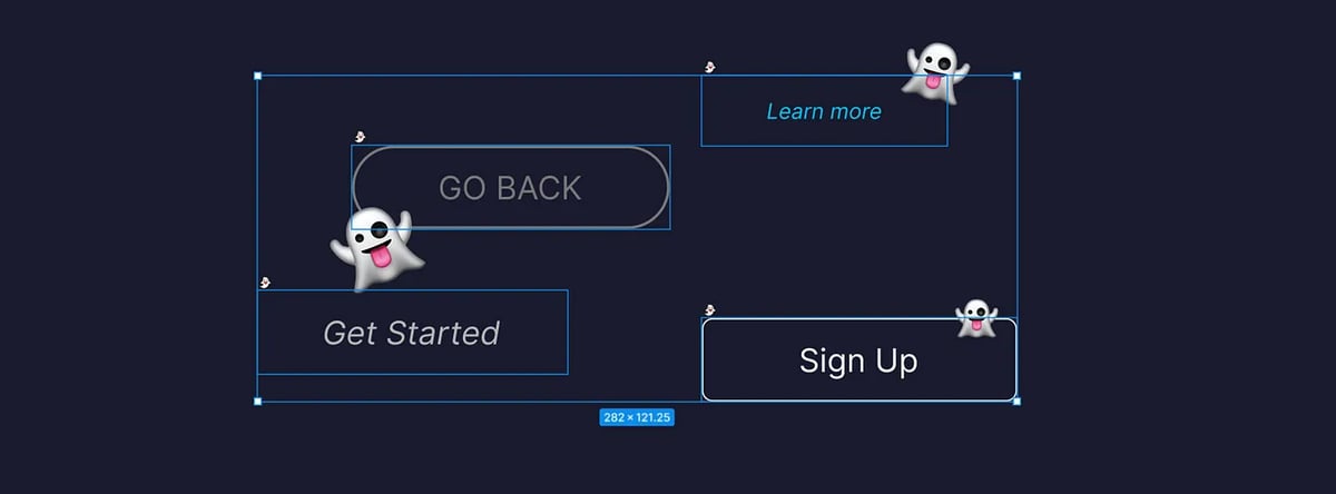 Example showing ghost buttons ‘Go back’, ‘Sign up’, ‘Get started’ and ‘Learn more’.