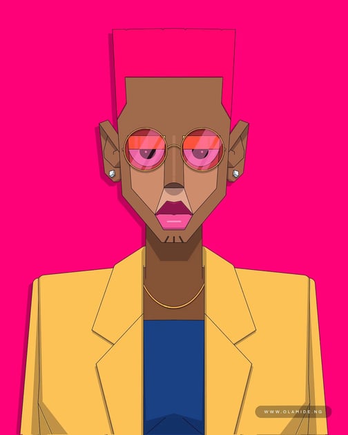 Abstract digital art of a woman with pink hair and yellow jacket