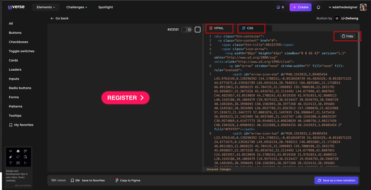 Screenshot capturing a Uiverse UI element with its HTML code.