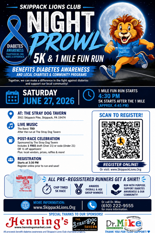 Skippack Lions Night Prowl 5K & 1mile -Benefiting Diabetes Awareness logo