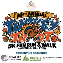 Ridgefield Public School Foundation's 10th Annual Turkey Trot, presented by the Cowlitz Indian Tribe, Columbia Credit Union, and Alyssa Curran Realty Group logo